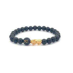 18K Gold Pixiu Piyao Bracelet Gemstones Onyx 6mm Elastic Bracelet Letter R